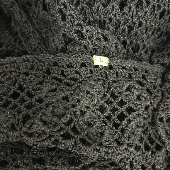 Black Open Knit Vintage Short Sleeve Scoop Neck Midi Dress Size L - Picture 5 of 7